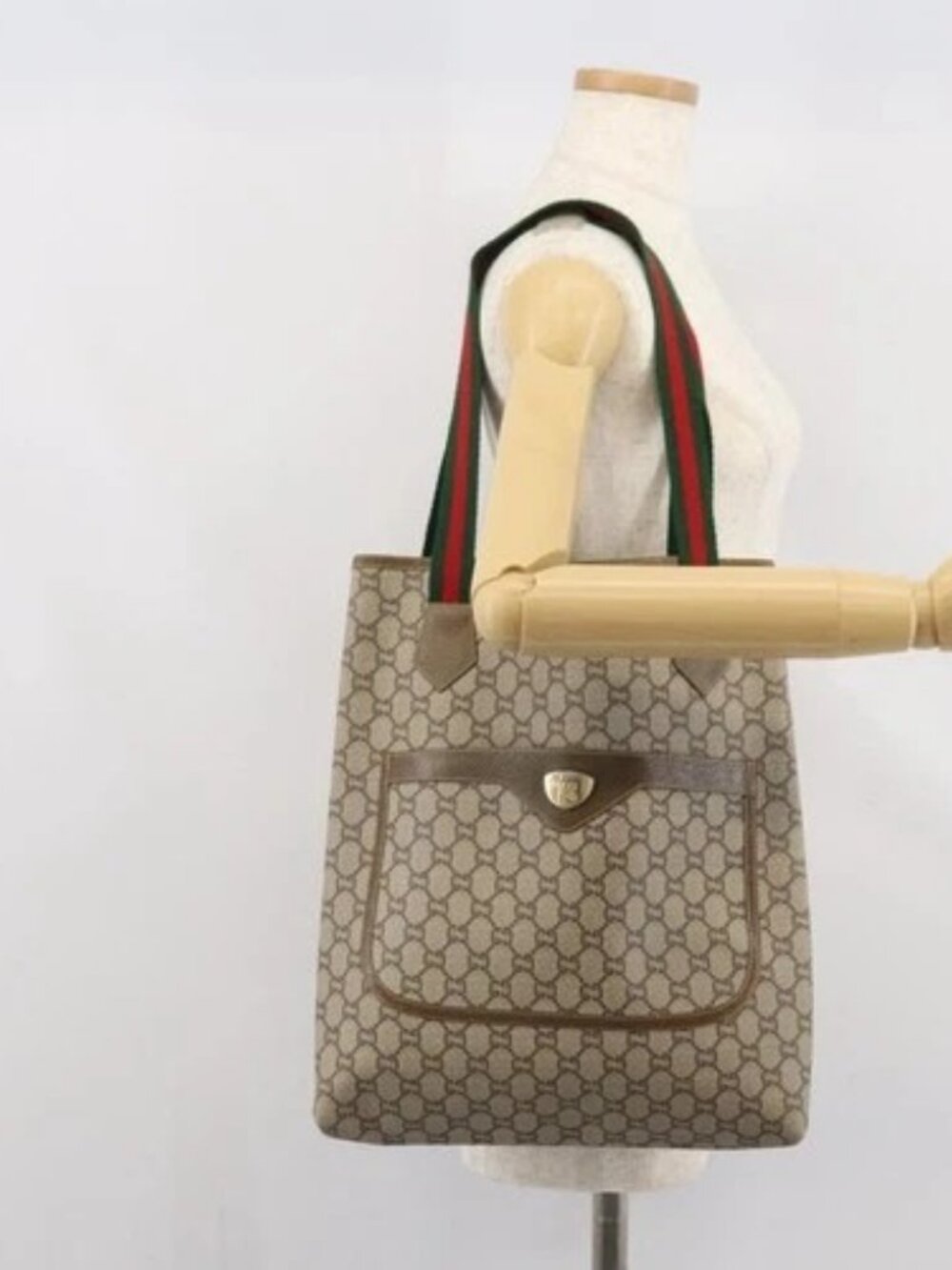 GUCCI GG Plus Supreme Web Sherry Line Tote Bag PVC Beige Gold Auth ka1861 - Picture 14 of 16